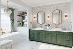 a bathroom with green cabinets and two mirrors on the wall next to a bathtub