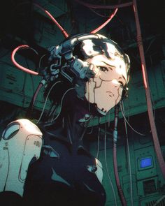 an anime character with headphones on and wires in her hair, staring at the camera