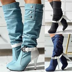 Category:Boots; Upper Materials:Denim; Embellishment:Buckle; Season:Winter,Fall; Heel Type:Cone Heel; Gender:Women's; Toe Shape:Round Toe; Type:Knee High Boots; Style:Minimalism,Casual,Vintage; Heel Height(inch):1-2; Outsole Materials:Rubber; Occasion:Outdoor,Daily; Closure Type:Zipper; Pattern:Solid Color; Listing Date:09/11/2023; Production mode:External procurement; 2024 Trends:Heel Boots,Plus Size,Slouchy Boots; Foot Length:null; Foot Width:null; Heel Height:Low Heel Denim Blue Boots For Winter, Winter Denim Blue Boots, Chic Denim Winter Boots, Chic Winter Denim Boots, Denim Boots For Winter, Fitted Denim Boots For Winter, Denim Embellishment, Denim Knee High Boots, Fall Heel