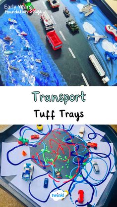 Explore different types of transport with these fun tuff tray transport activities. Thanks to @mrsb_reception Rebecca Underwood Car Eyfs Activities, Early Years Transport Activities, Transport Role Play Area Eyfs, Transport Tuff Tray Eyfs, Eyfs Transport Topic, Train Tuff Tray, Transportation Tuff Tray Ideas, Transport Eyfs Activities Preschool, Road Safety Tuff Tray