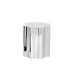 a white table with black and silver lines on it's sides, against a white background