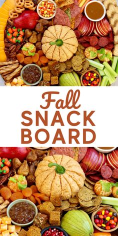 the fall snack board is full of snacks, fruits and vegetables to make it fun