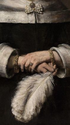 a painting of a woman holding the hand of a man with feathers on his arm