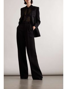 SAINT LAURENT Pleated grain de poudre wool straight-leg pants | NET-A-PORTER Style Androgyne, Estilo Kardashian, Pants Drawing, Black Tie Attire, Androgynous Outfits, Tuxedo Women, A Night At The Opera, Satin Noir, Tuxedo Style