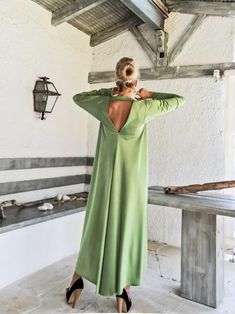 NEW Evening Maxi Dress / Pear Green Plus Size Dress / Evening Dress / Maxi Dress / Party Dress / Plus Size Dress / Open Back Dress / Summer Dress / Long Sleeve Dress / #35266 NEW 2018.... A must have maxi dress...! With long sleeves and open back cut out ! Ideal for all body-types, you can have a very elegant appearance ! - Handmade item - Materials : crystal jersey - The model wears : size - one size , color - Pear Green PLEASE NOTE : The dress is ONE SIZE but you have to choose a size from XS Green Maxi Length Long Sleeve Party Dress, Green Long Sleeve Maxi Dress For Party, Green Long Sleeve Midi Evening Dress, Green A-line Maxi Dress For Evening, Green A-line Maxi Evening Dress, Green Plus Size Dress, Green Plus Size Dresses, Party Dress Plus Size, Evening Maxi Dress