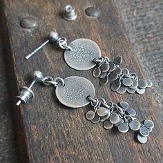 "Handmade oxidized sterling silver earrings with leaves. Impressive earrings are made of silver 925. Leaves made by hand. Silver textured, oxidized, rubbed and polished. Length of earrings - 1.77\" (4,5 cm). The diameter of the plates - 0.51\" (1,3 cm). You can pick your favourite type of clasps from the following choices: hoop, leverback, hook and stick. We send jewelry in an elegant company box. Thanks for visiting Treendystudio!" Artsy Earrings, Jewelry Making Earrings, Earrings Inspiration, Bohemian Earrings, Oxidized Sterling Silver, Artistic Jewelry, Long Earrings, Jewelry Inspiration, Sterling Silver Earrings