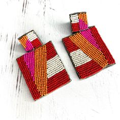 Caligirl Beach Earrings Lead And Nickel Free Shipped From The Sunshine State Of California Trendy Multicolor Earrings For Vacation, Trendy Red Earrings For Summer, Trendy Red Jewelry For Vacation, Multicolor Rectangular Jewelry For Summer, Trendy Colorful Beaded Earrings For Vacation, Trendy Red Beaded Earrings For Beach, Trendy Red Beaded Earrings, Red Bohemian Rectangular Earrings, Bohemian Red Rectangular Earrings