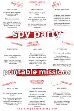 a red and white poster with the words spy party on it's bottom corner