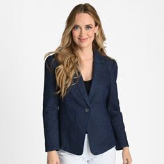 With a notched label and puffed shoulders, this stretch denim blazer from Kate & Mallory brings a distinctive silhouette to your wardrobe. Ready to be paired with jeans for a double denim moment or styled in a more sophisticated way, you're going to love the versatility of this layering piece. The comfortable polyester spandex blend of its fabrication makes this blazer feel casual and easy to wear! Classic Denim Blue Spring Blazer, Classic Denim Blue Blazer For Spring, Spring Denim Jacket With Notch Lapel And Button Closure, Tailored Denim Blazer With Button Closure, Spring Denim Blue Notch Lapel Denim Jacket, Classic Fitted Denim Blazer, Fitted Denim Jacket With Notch Lapel In Denim Blue, Tailored Spring Denim Blazer, Denim Blue Notch Lapel Outerwear For Spring