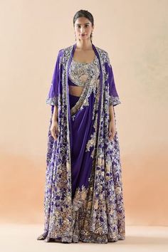 Purple sharara with resham, sequin, zari thread, bead embroidery in floral pattern on border. Paired with floral yoke embroidered blouse, border embroidered drape and longline jacket. - Aza Fashions Resham Embroidery Saree With Side Open, Festival Front Open Sharara With Dupatta, Front Open Choli With Zari Work For Navratri, Reception Choli With Zari Work And Front Open, Navratri Front Open Choli With Zari Work, Front Open Choli With Zari Work For Reception, Festive Front Open Georgette Choli, Festive Set With Sheer Dupatta And Front Open Design, Front Open Resham Embroidered Georgette Choli