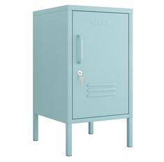 a light blue metal locker with the door open