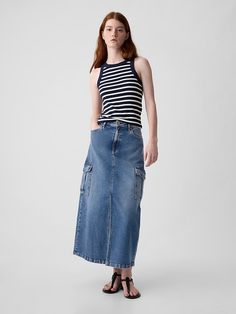 Denim Cargo Maxi Skirt Mid Rise Skirt, High Rise Denim Skirt, Denim Cargo, Denim Maxi, Denim Maxi Skirt, Denim Coat Jacket, Gap Denim, Tie Shoes, Fashion Essentials