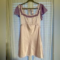 Stunning Light Purple Free People Mini Dress New With Tags - Never Been Worn Perfect For Spring! Summer Satin Mini Dress With Short Sleeves, Short Sleeve Satin Mini Dress For Summer, Spring Satin Mini Dress With Short Sleeves, Feminine Satin Mini Dress With Short Sleeves, Feminine Short Sleeve Satin Mini Dress, Spring Silk Mini Dress With Square Neck, Aesthetic Lookbook, Free People Mini Dress, Country Concerts