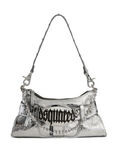 silver-tone calf leather metallic finish logo plaque single shoulder strap chain-link detailing top zip fastening main compartment Modern Silver Shoulder Bag With Logo Hardware, Luxury Silver Bag With Chain Strap, Luxury Silver Shoulder Bag With Palladium Hardware, Luxury Silver Bags With Chain Strap, Modern Shoulder Bag With Silver-tone Logo Plaque, Designer Silver Bag With Metal Logo, Designer Silver Leather Shoulder Bag, Luxury Silver Shoulder Bag With Chain Strap, Designer Silver Bags With Logo Hardware