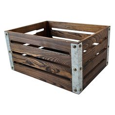 a wooden crate with metal handles on an isolated white background