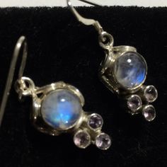 Nwot Moonstone & Faceted Amethyst Earrings, Set In 925 Silver Silver Amethyst Multi-stone Earrings, Silver Amethyst Earrings With Multi-stone, Purple Multi-stone Sterling Silver Earrings, Purple Moonstone Round Jewelry, Moonstone Earrings, Amethyst Earrings, Earrings Color, Earrings Set, Moonstone