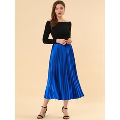 Accordion pleats enhance the dimension and movement of this midi skirt, while the metallic design underscores its sleek style. It's pleated all around for this trending midi skirt. Feel free to pair it with black block-heel sandals. Whether you're dressing up or down, this skirt is perfect for any occasion. A casual and simple style, never out of fashion, is a must-have item in your wardrobe. This fashionable and trendy clothes for women can not only be worn daily, but can also be easily matched Picnic Skirt, Black Block Heel Sandals, Accordion Pleats, Midi Skirt With Pockets, Gamine Style, Metallic Design, Sleek Style, Slip Skirt, Pleated Midi Skirt