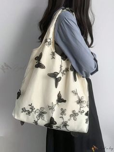 Bird in Bag - Elegant Floral Design, Spacious Womens Tote Bag with Ample Storage Capacity Tote Bag Art, Lace Bag, Butterfly Bags, Bag Art, Embroidered Butterfly, Black Butterfly, Canvas Handbags, Bag Design, Casual Tote