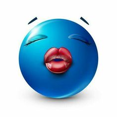 a blue ball with a red lip sticking out of it's mouth