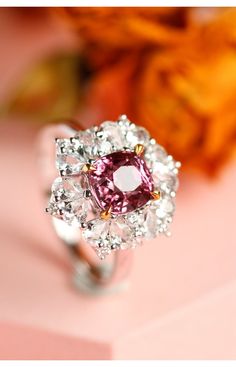 *Condition: Brand new *Center Stone: Natural Pink Peach Spinel, Cushion Cut, approx 1.03ct, 5.7 x 5.3mm *Side stones: Natural White Sapphire Pear Cut Natural White Diamond, approx 0.08ct total (VS1 clarity and F color) *Metal Purity: Can be select Each piece is made-to-order with care and special attention to detail. all items are made with conflict-free diamonds and gems. Size: made to order The item will be gift wrapped and shipped. ------------------------------------------------------------- Diamond Flower Ring, Rosecut Diamond Ring, Spinel Ring, High Jewellery, Setting Ideas, Buying An Engagement Ring, Royal Jewels, Ring Setting, Diamond Flower