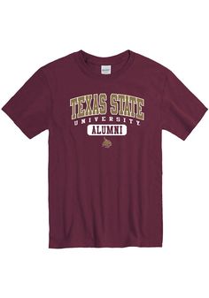 Show off your team pride in this Texas State Bobcats Maroon Alumni Short Sleeve T Shirt! This Texas State Short Sleeve Tee features a screen print Alumni on front chest. Make sure everyone knows you root for the Bobcats with this Maroon Texas State T Shirt. Go Bobcats!! University Logo T-shirt For Sports Season, Collegiate T-shirt With University Logo For Game Day, University Logo T-shirt For Sports Events, Game Day University Logo T-shirt, Varsity Short Sleeve T-shirt For Fan Gear, Varsity Style Fan Gear T-shirt With Short Sleeves, Varsity Style Fan Gear T-shirt, Varsity Style Short Sleeve T-shirt For Fan Gear, University Logo T-shirt For Sports Season Fan Gear