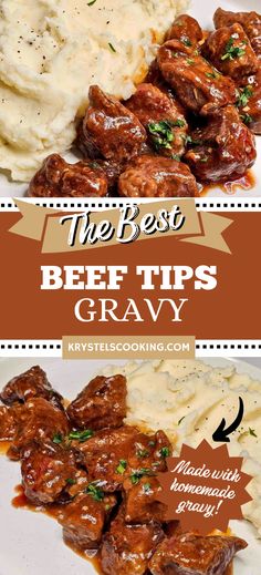 the best beef tips and gravy recipe is on this plate with mashed potatoes