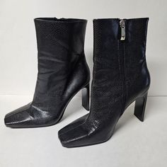 Zara Black Leather Snake Skin Style Zip-Up Boots Size 8.5 New Formal Black Heeled Boots With Zipper Closure, Formal Black Heeled Boots With Zipper, Black Faux Leather Heels With Zipper Closure, Black Faux Leather Square Toe Heels, Black Square Toe Boots With Zipper, Black Square Toe Heels In Faux Leather, Black Square Toe Faux Leather Heels, Black Heeled Boots With Square Toe For Evening, Black Square Toe Heeled Boots For Evening