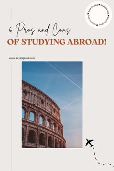 an airplane flying over the top of a building with text reading 6 pass and cons of studying abroad