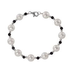 Adorn yourself with this sterling silver bracelet. Featuring faceted onyx and diamond-cut brilliance beads, this freshwater cultured pearl bracelet is a luminous addition to any look. Wear this stunning bracelet with business or evening attire.    Diamond-cut brilliance beads are coated with a tarnish-resistant finish.    Rhodium plating adds extra radiance to the sterling silver construction.    Bracelet comes in a gift box.    Details:            8-9-mm cultured pearls        7 1/2-in. bracele Elegant Pearl Bracelet With Gemstone Beads, Elegant Adjustable Pearl Bracelet With Faceted Beads, Elegant Pearl Beaded Bracelets With Faceted Beads, Elegant Faceted Beads Jewelry Bracelet, Elegant Round Faceted Beads Jewelry, Elegant Pearl Bracelet With Faceted Beads, Elegant Crystal Bracelet With Polished Beads, White Elegant Beaded Bracelets With Gemstone Beads, Elegant Beaded Bracelets With Faceted Beads