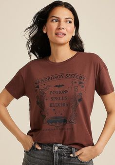 Sanderson Sisters Relaxed Fit Graphic Tee | maurices Trendy Brown Relaxed Fit T-shirt, Relaxed Fit T-shirt With Front Print For Fall, Summer Soft-washed Brown Tops, Brown Relaxed Fit Cotton Top, Brown Relaxed Fit Top, Casual Comfortable Fit Top With Graphic Print, Basic Tops With Front Print And Relaxed Fit, Brown Screen Print Top For Fall, Graphic Tee With Text Print In Relaxed Fit