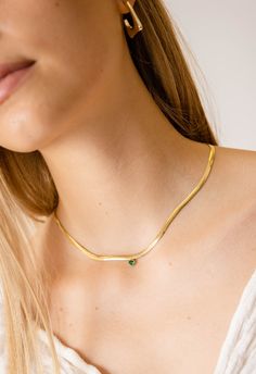 Elegant Snake Chain with Green Stone Detail 14k Gold Vermeil Green Crystal 14-16" Adjustable Chain Dallas Fashion, Caged Sandals, Black Tank Dress, Snake Necklace, Clothing Casual, Neon Purple, Contemporary Luxury, Green Outfit, Green Crystal