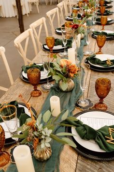 fall tablescapes, thanksgiving tablescapes, fall table centerpieces, fall table decor, fall tablescape ideas, fall dinner, thanksgiving aesthetic, fall table settings, thanksgiving table settings, fall entry table decor, fall centerpieces for table, fall table decorations centerpieces Wedding Colors Fall, Dark Green Wedding, Fall Wedding Color Schemes, Rusting Wedding, Tafel Decor, Green Themed Wedding, Green Wedding Colors, Sage Wedding, Fall Wedding Centerpieces