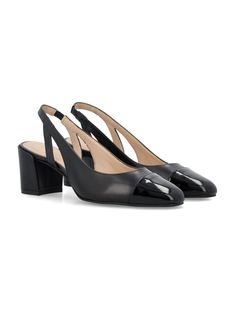 Sleek 50 Slingback By Stuart Weitzman. Featuring: Upper Leather Almond Toe Slingback With Elastic Insert Patent Toe Cap Detail Block Heel Heel: 5 cm Composition: Upper, 70% calf leather, 30% polyurethane coated calf leather Sole, 100% thermoplastic polyurethane | Stuart Weitzman Women's Sleek 50 Slingback in Black | SS24 Top Designer Brands, High End Fashion, Luxury Shoes, Luxury Boutique, Stuart Weitzman, High Heel Shoes, Fashion Item, Calf Leather, Block Heels