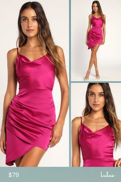 Caution: arriving at the party wearing the Lulus Causing Commotion Magenta Satin Cowl Asymmetrical Mini Dress may cause your admirers to swoon! Lightweight stretch-woven satin shapes adjustable spaghetti straps support a cowl neckline and a fitted bodice. High fitted waist tops an overlapped body-skimming mini skirt that boasts flattering gathered details and an asymmetrical hem. Hidden back zipper/clasp. Fit: This garment fits true to size. Length: Mid-thigh. Size medium measures 33" from adjus Fitted Asymmetrical Satin Party Dress, Fitted Asymmetrical Satin Dress For Party, Asymmetrical Ruched Satin Mini Dress, Summer Party Satin Dress With Draped Design, Party Dress With Asymmetrical Neckline And Satin Finish, Summer Satin Draped Party Dress, Summer Party Satin Draped Dress, Summer Party Draped Satin Dress, Satin Mini Dress With Ruched Asymmetrical Neckline