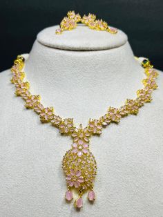 Hyderabadi Nizami Necklace With Earrings pair party Wear Necklace Indian Bridal Jewelry set Pink Quartz Stone Wedding and Casual Wear  Festival Wear Eid,diwali Wear Necklace  Brass Material And Quartz Stone Jewelry set With Earrings pair  Wedding and Casual Wear Gifted Jewelry for Bride and Women and Girls Diwali Wear, Handmade Jewelry Set, Pink Jewelry Set, Indian Bridal Jewelry Sets, Wear Necklaces, Bridal Jewellery Indian, Necklace And Earrings Set, Delicate Chain, Bride Jewellery