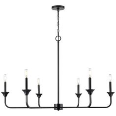 a black chandelier with five candles hanging from the bottom and four lights on each end