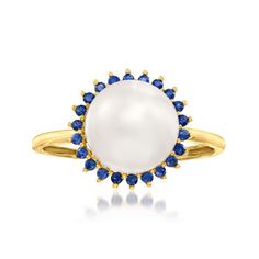 Ross-Simons - 9-9.5mm Cultured Pearl, .20ct t. w. Sapphire Halo Ring in 14kt Yellow Gold. Size 5. Upgrade your pearl ring collection with this sophisticated piece. It showcases a luminous 9-9.5mm cultured freshwater pearl framed by .20 ct. t. w. radiant-cut sapphire rounds in polished 14kt yellow gold. 1/2" wide. Sapphire and white pearl ring. Pearl birthstones are the perfect gift for June birthdays. Sapphire Halo Ring, Diamond Ring Cuts, White Pearl Ring, Emerald Necklace Pendant, Pearl Birthstone, Pear Shaped Ring, Ring Pearl, Mother Of Pearl Jewelry, Freshwater Pearl Ring