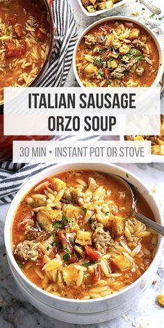 italian sausage orzo soup in a white bowl on a marble table with other dishes