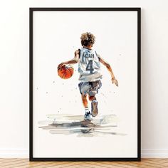 a watercolor painting of a basketball player dribbling the ball