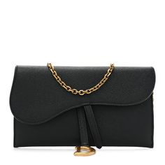 This is an authentic CHRISTIAN DIOR Grained Calfskin Saddle Chain Wallet Pouch in Black. This stylish wallet is crafted of black grained calfskin The wallet features a saddle-style crossover flap with a brass Dior D charm and a matching optional chain-link shoulder strap. The bag opens to a black interior with card slots, patch pockets, and a removable zipper insert. Black Clutch With Chain Strap For Business, Textured Leather Clutch Wallet For Evening, Formal Black Shoulder Bag With Card Slots, Black Business Wallet With Gold-tone Hardware, Black Wallet On Chain With Gold-tone Hardware For Business, Business Black Wallet With Gold-tone Hardware, Black Evening Wallets With Gold-tone Hardware, Evening Pouch Shoulder Bag With Card Slots, Black Business Wallet On Chain Crossbody