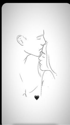 a black and white drawing of a man kissing a woman's face with a heart shaped nose