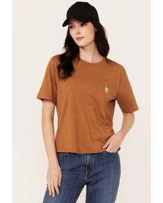 Carhartt Women's Loose Fit Lightweight Short Sleeve T-Shirt Relaxed Fit Brown T-shirt With Pockets, Brown Cotton T-shirt With Pockets, Brown Crew Neck Top With Pockets, Brown Relaxed Fit T-shirt With Pockets, Brown Tops With Pockets For Everyday, Brown Everyday Tops With Pockets, Brown Cotton T-shirt, Carhartt Womens, Carhartt Women