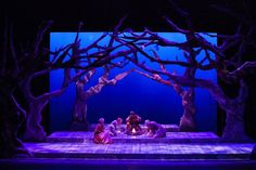 three people sitting on a stage in front of some trees with purple lighting at night