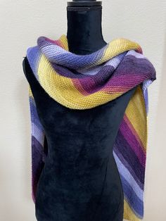 Multicolor purple/yellow beautiful shawl.  Hand knitted.  Can be worn as a big scarf. Big Scarf, Shawl Pins, Cute Packaging, Great Christmas Gifts, Tri Color, Pink Grey, Hand Knitting, Shawl, Violet