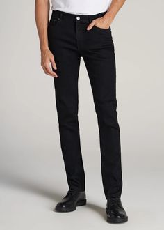 Men's Tall Slim Fit Jeans | American Tall Black Slim Fit Jeans For Business Casual, Slim Fit Tapered Leg Jeans For Business Casual, Slim Fit Jeans With Tapered Leg For Business Casual, Modern Slim Fit Straight Jeans, Man Outfit, Tall Men, Chino Jeans, Tall Guys, Oxford Shirt