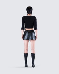 The perfect fit to look both intimidating and enticing 😜 With a black ribbed cardigan top, and a black faux leather mini skirt - this two-piece set will have you look and feeling like your baddest self 👏 Y2k Party Crop Top For Fall, Chic Crop Top For Club In Fall, Y2k Style Party Crop Top For Fall, Chic Fall Crop Top For Club, Y2k Style Fall Party Crop Top, Edgy Crop Top For Going Out, Edgy Mini Skirt For Fall Night Out, Edgy Winter Crop Top, Sleek Black Crop Top For Night Out