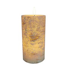 a candle that is sitting in front of a white background with yellow paint on it