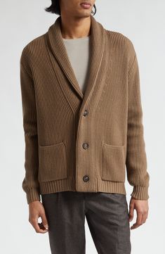 Wrap yourself in the luxurious warmth of this ribbed cardigan crafted in Italy from supersoft merino wool. 26 1/2" length (size Medium) Front button closure Shawl collar Long sleeves Front patch pockets Ribbed cuffs and hem 100% merino wool Dry clean or hand wash, dry flat Made in Italy Designer Clothing Classic Brown Knitted Outerwear, Classic Knitted Brown Outerwear, Classic Merino Wool Cable Knit Sweater Coat, Classic Merino Wool Cable Knit Cardigan, Winter Shawl Collar Merino Wool Cardigan, Classic Merino Wool Ribbed Outerwear, Formal Merino Wool Cardigan For Fall, Ribbed Merino Wool Outerwear For Work, Formal Shawl Collar Winter Cardigan