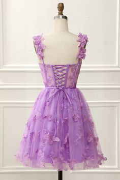 Spaghetti Straps Butterfly A Line Tulle Butterfly Short/Mini Homecoming Dresses Corset Purple, Tulle Butterfly, Dress With Butterflies, Purple Homecoming, Cheap Corset, Purple Homecoming Dress, Mini Homecoming Dresses, Dresses Quinceanera, Evening Dresses Cocktail