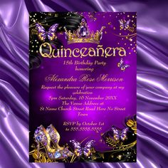 purple and gold quinceauera birthday party with high heeled shoes on it